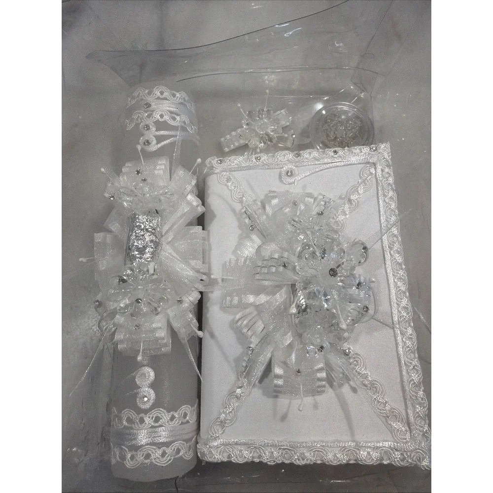 4 Piece Franea Macrina Bible/candle/rosary hair Bow Set. Baptism/first Com GW999
